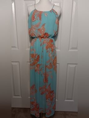 Sweet Storm Vibrant Aqua Maxi Dress with Orange Floral Print